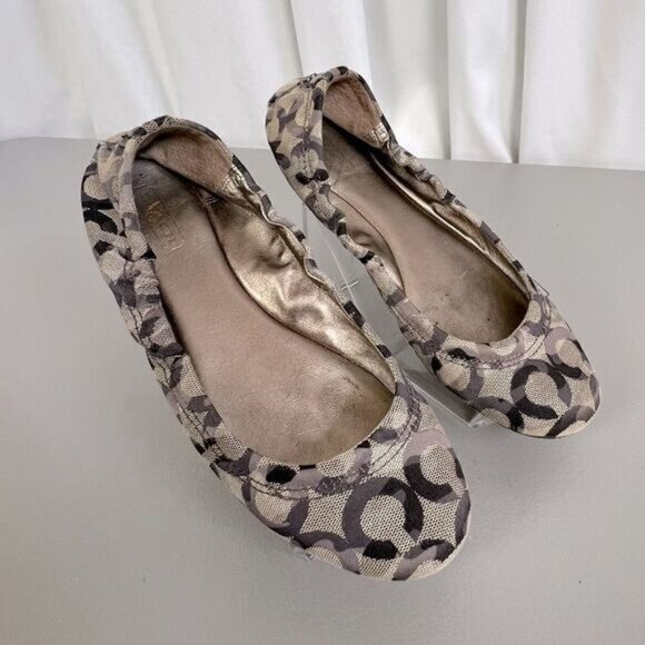 COACH WOMENS ALY GRAY JACQUARD MONOGRAM CANVAS BALLET FLATS SIZE 7 B BROWN - Picture 1 of 7